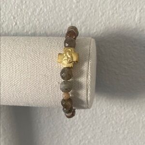 Virgin Mary 14k Gold Plated Bead & Labradorite/Jasper Stretch Bracelet